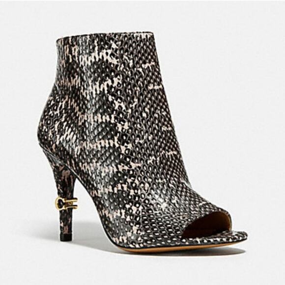 NIB Coach Remi Snakeskin Open-Toe Ankle Booties Tan Black 6